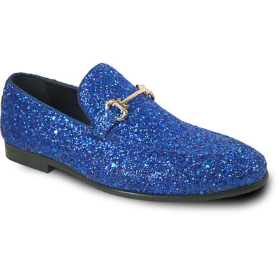 "Royal Blue Glitter Sequin Men's Prom 2026 Tuxedo Loafers with Buckle"