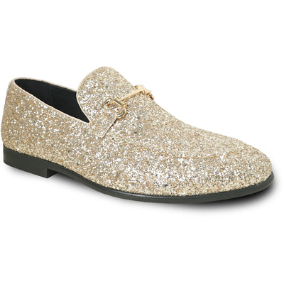 "Gold Sequin Prom 2026 Tuxedo Loafers - Modern Men's Glitter Buckle Shoes"