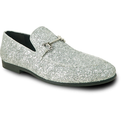 "Silver Sequin Prom 2026 Tuxedo Loafers - Modern Men's Glitter Buckle"