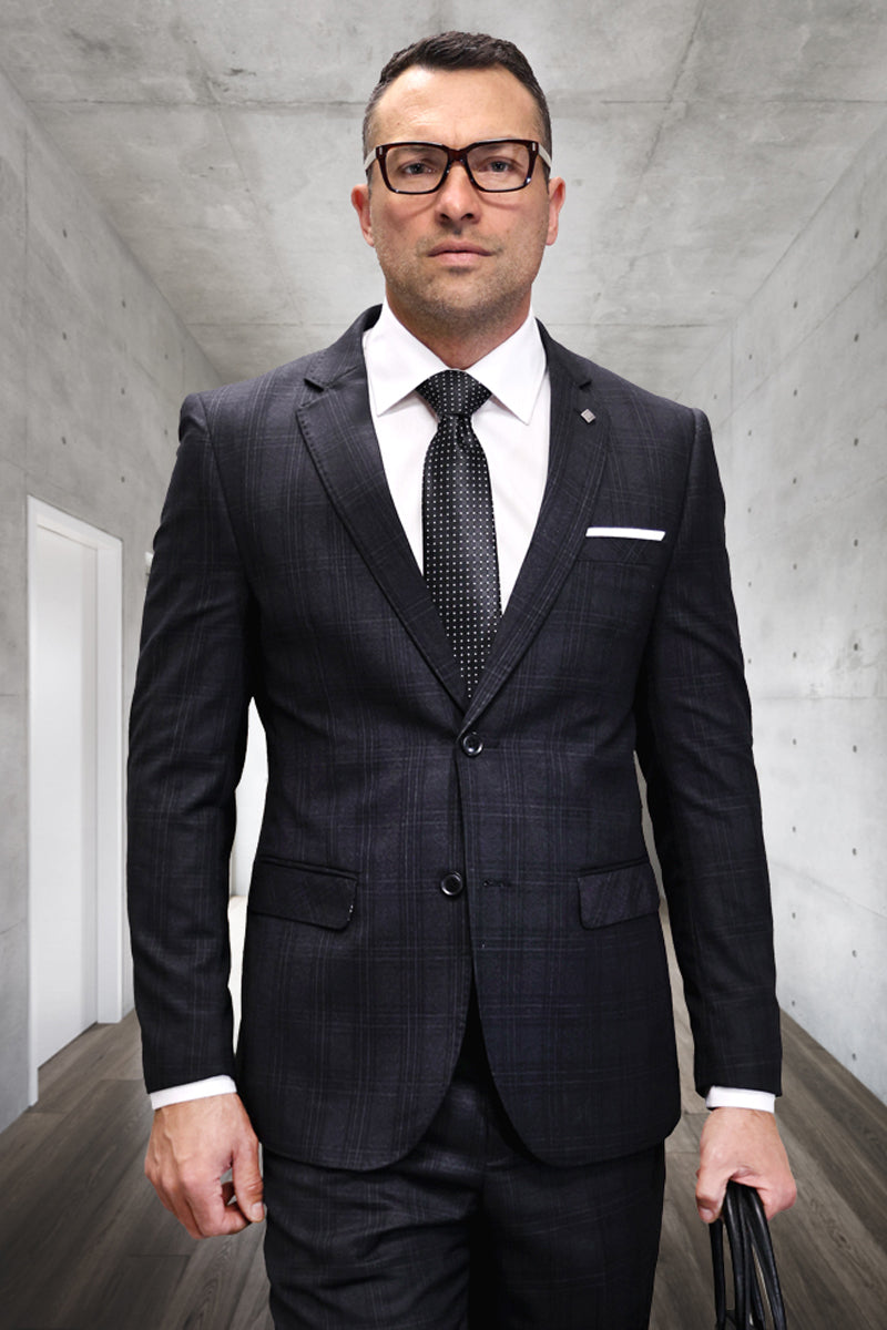 Men's Designer Modern Fit Italian Wool Suit in Black Plaid - 36 Short
