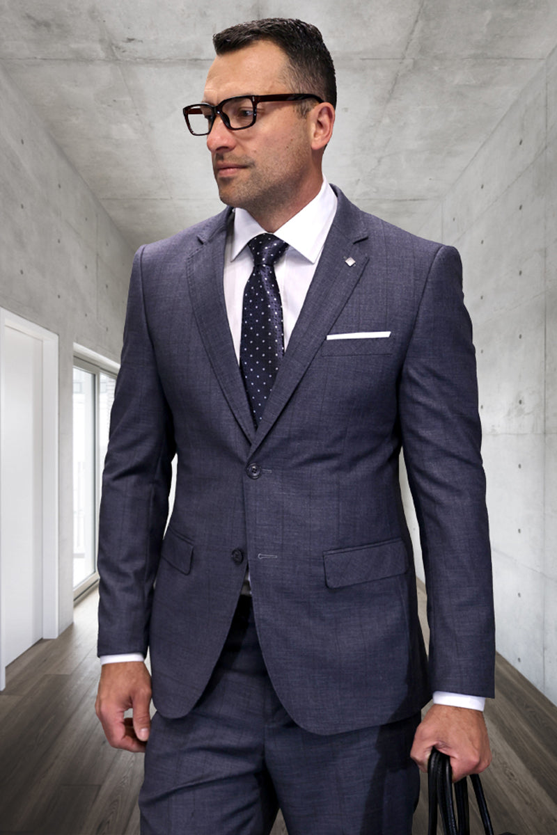 Men's Designer Modern Fit Italian Wool Suit in Dark Grey Plaid - 36 Short