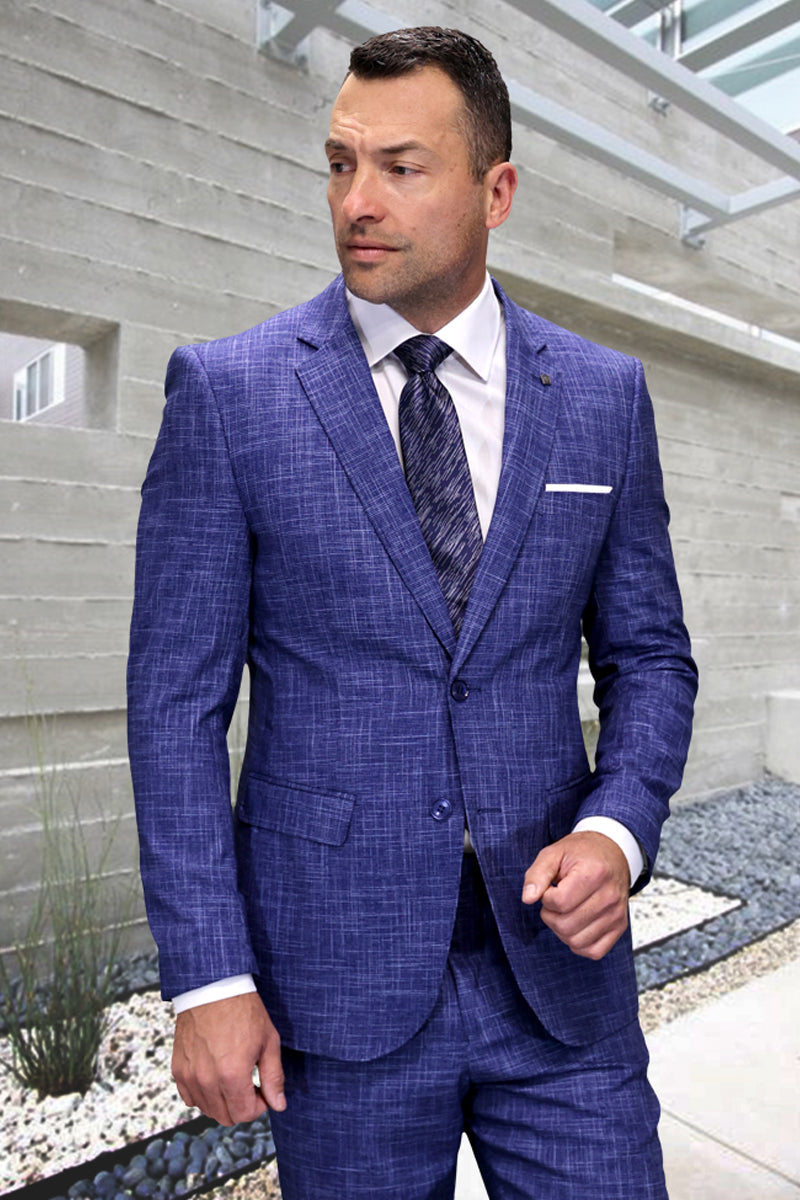 Men's Designer Modern Fit Italian Wool Suit in Sapphire Blue Plaid - 36 Short