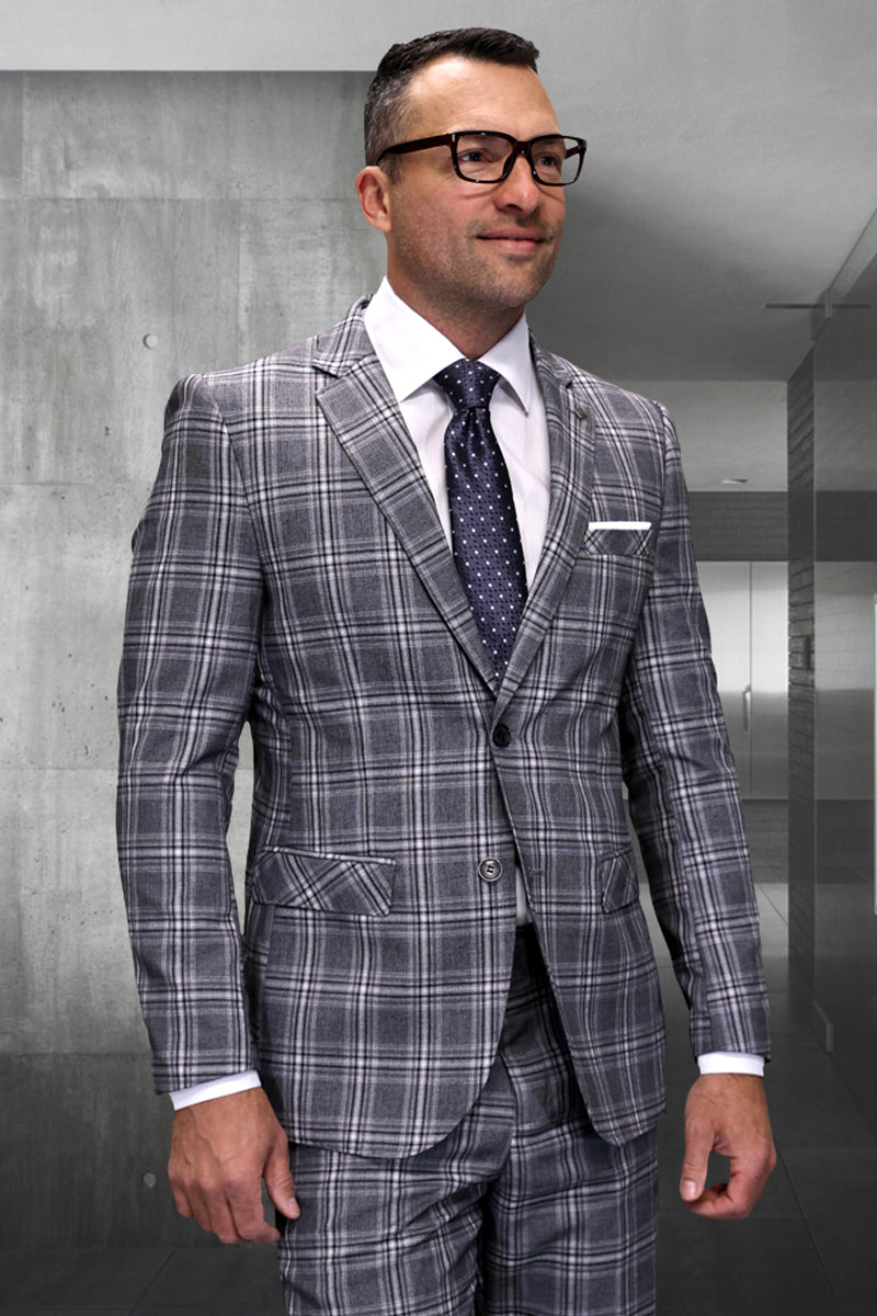 Men's Designer Modern Fit Italian Wool Suit in Taupe Plaid - 36 Short