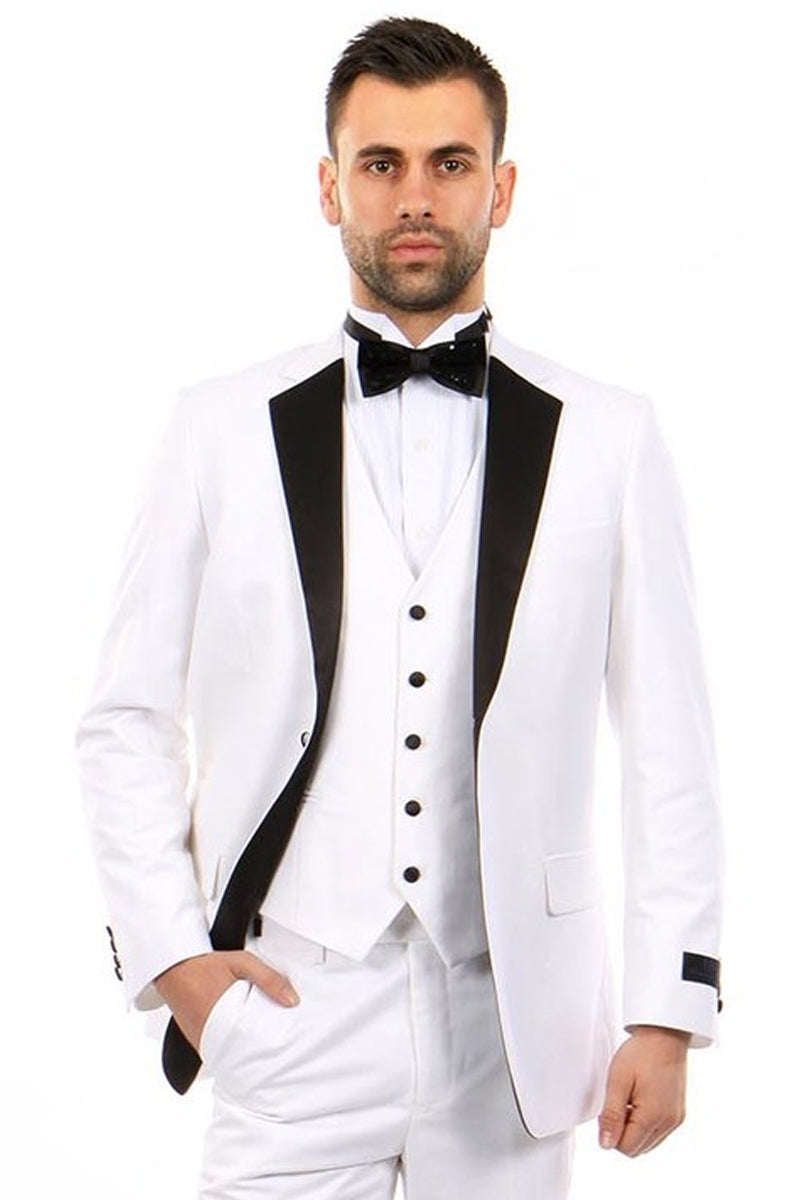 "Men's Slim Fit Notch Tuxedo - Two Button Vested in Black & White"