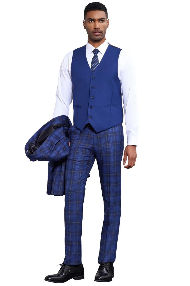 Men's Stacy Adams Bold Windowpane Plaid Print Vested Suit in Midnight Blue - 38 Regular