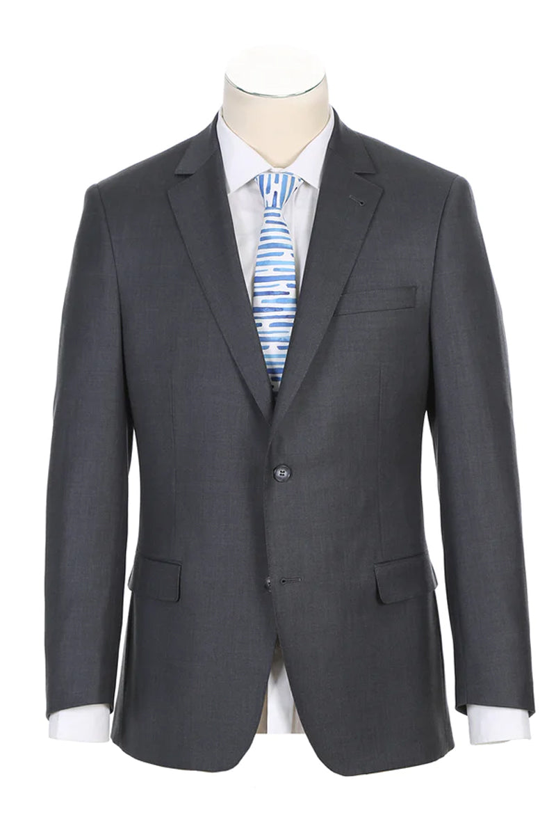 "Modern Fit Wool Suit for Men - Designer Two Button Half Canvas in Steel Grey" - 38S