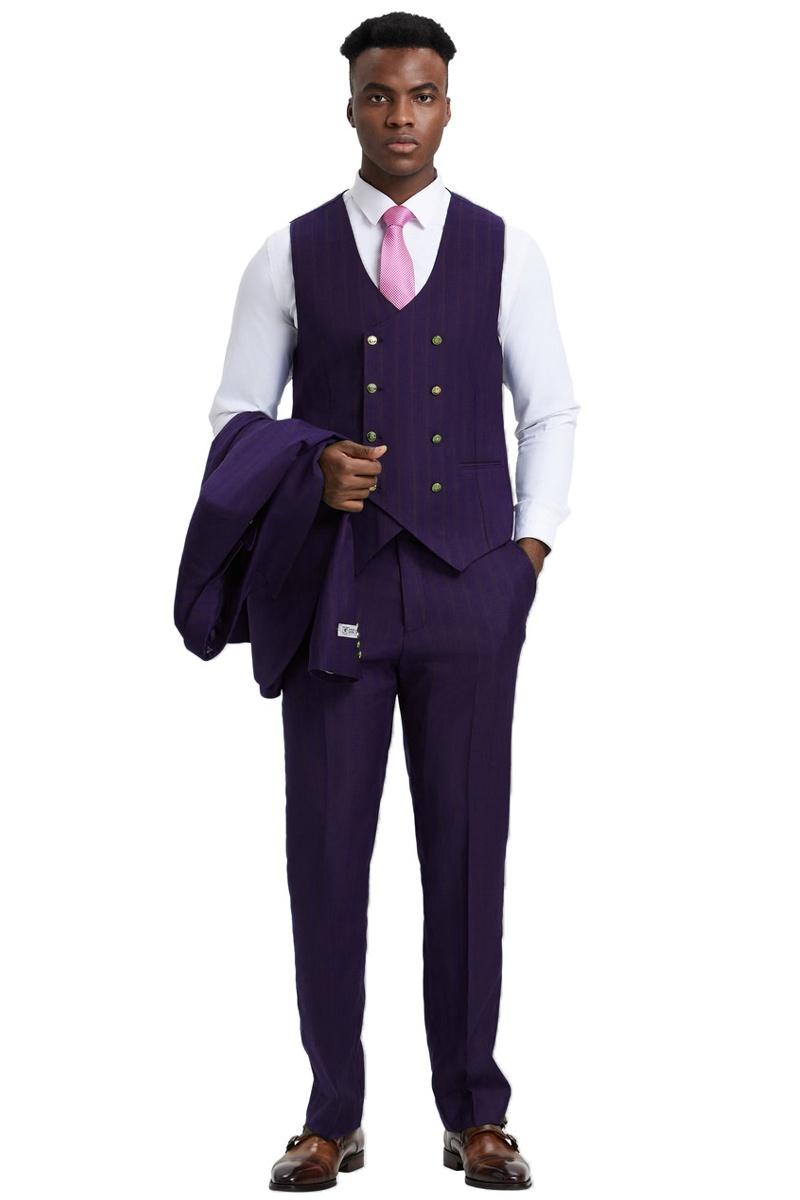 Men's Stacy Adams Vested One Button Side Peak Lapel Pinstripe Suit in Eggplant Purple - 38 Regular