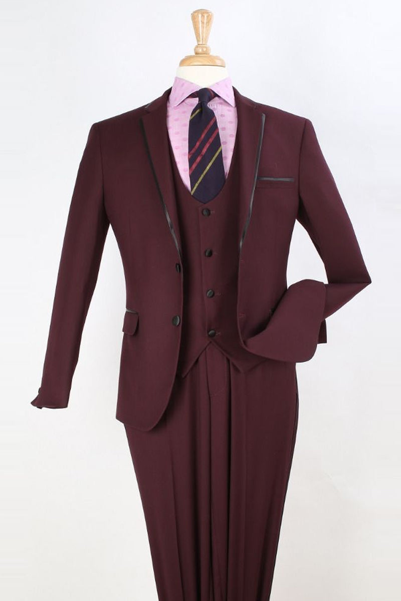 "Burgundy Prom 2026 Tuxedo Suit - Men's Slim Fit Two-Button Vested with Trim" - 34 Regular