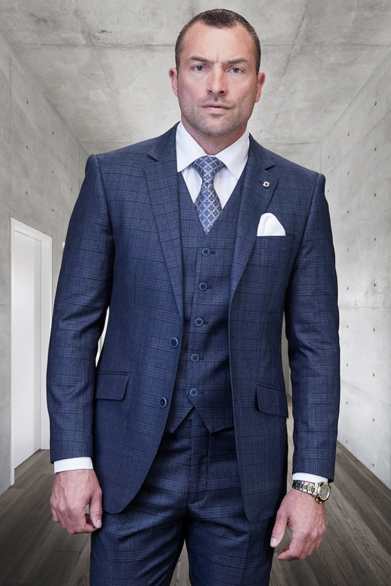 Men's Designer Two Button Vested Wool Suit in Indigo Blue Plaid - 36 Short