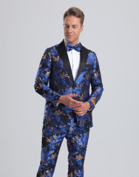 Paisley Suits - Wedding Tuxedo - Groom Royal Blue ~ Black Suit + Matching Bowtie - 38 Short Jacket+32 Waist Adjustable 28to34)(Height: 5 4 to5 7 )(Neck  15-16.5)S-M)