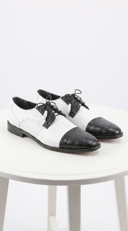 Los Altos Men’s Black and White Genuine Teju Lizard and Caiman Lace-Up Dress Shoes