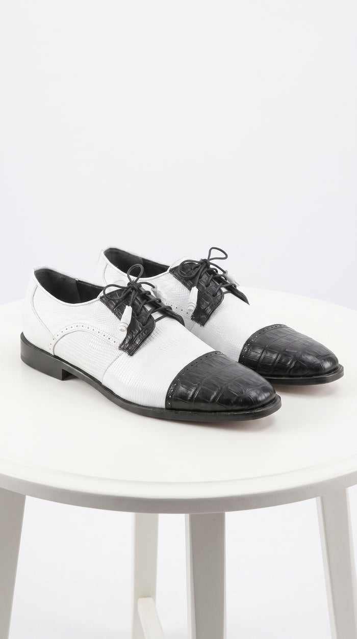 Los Altos Men’s Black and White Genuine Teju Lizard and Caiman Lace-Up Dress Shoes