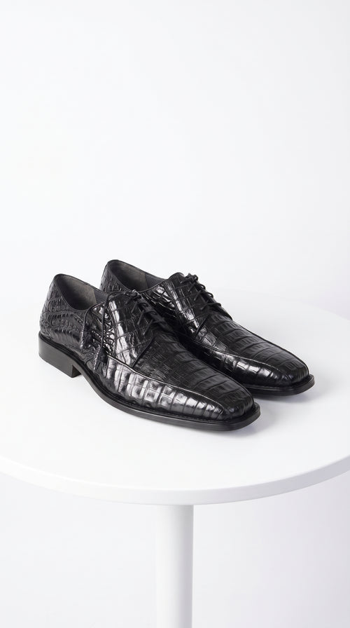 Men’s Original Exotic Caiman Belly Skin Shoes ZV038205, Black Lace-Up Formal Dress Shoes