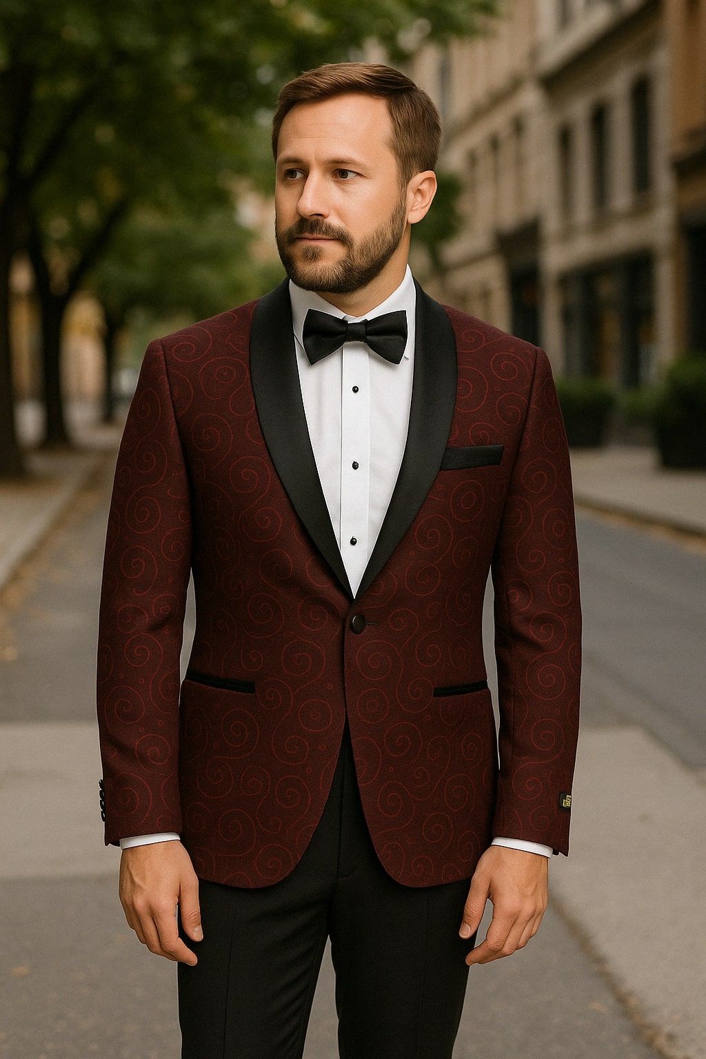 Paisley-300 Burgundy and Black Tuxedo Blazer with Bow Tie - 36 Short