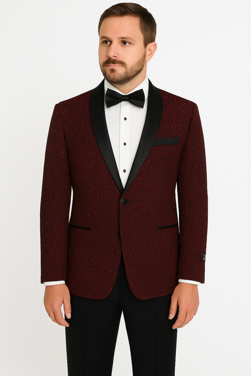 Paisley-300 Burgundy and Black Tuxedo Blazer with Bow Tie - 36 Short