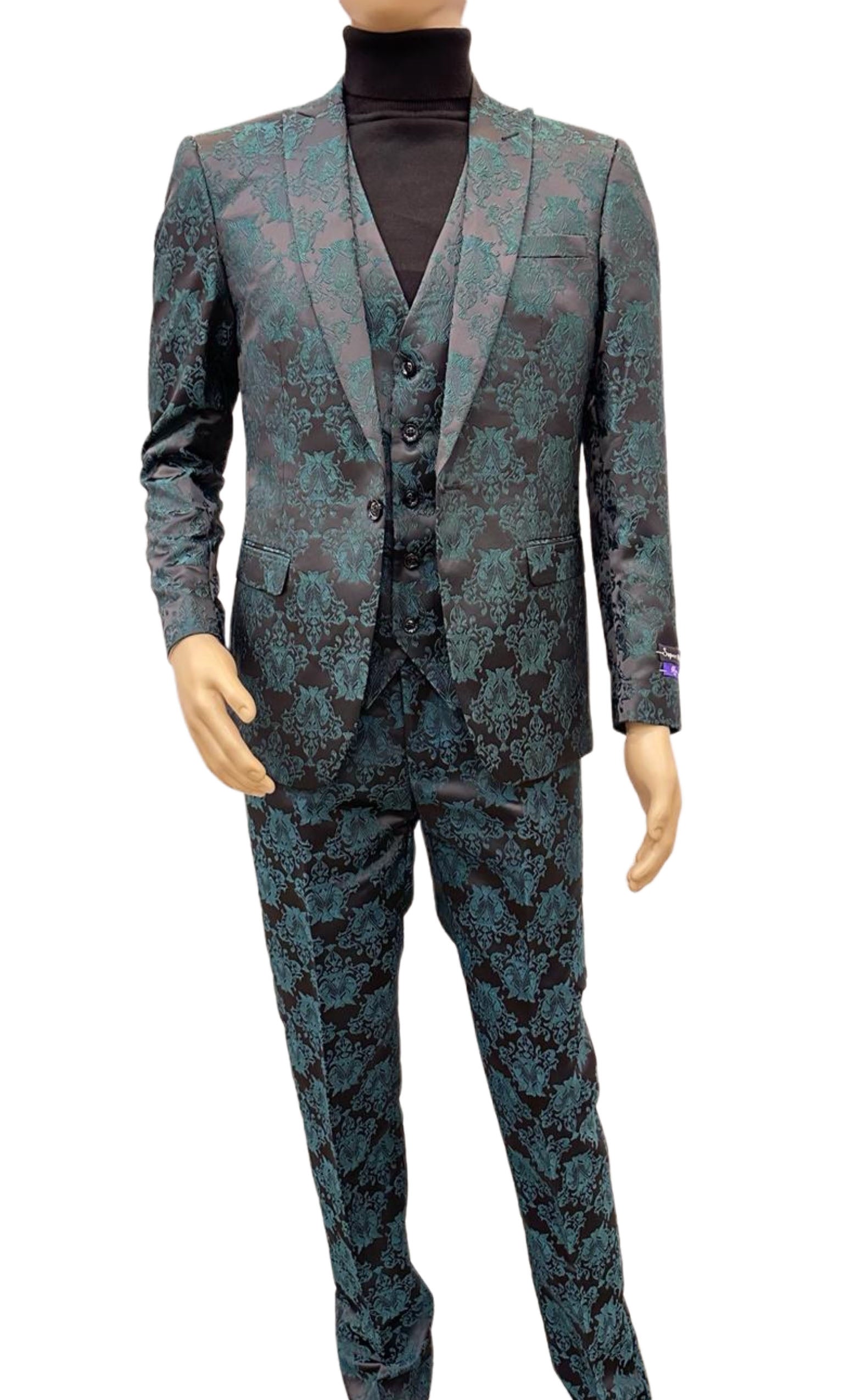 Paisley Suit - Black and Emerald Green Prom 2025 Suit - Slim Fit Stage Suit - Coat Size 38