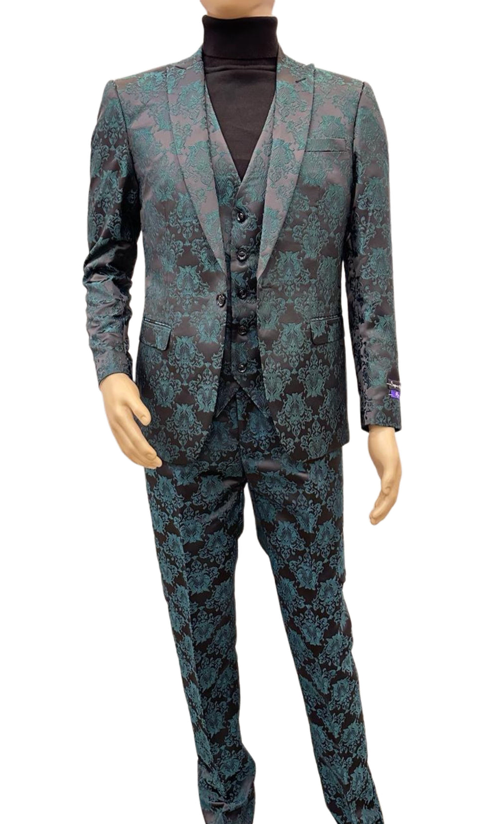 Paisley Suit Black and Emerald Green Prom Suit Slim Fit Stage Suit