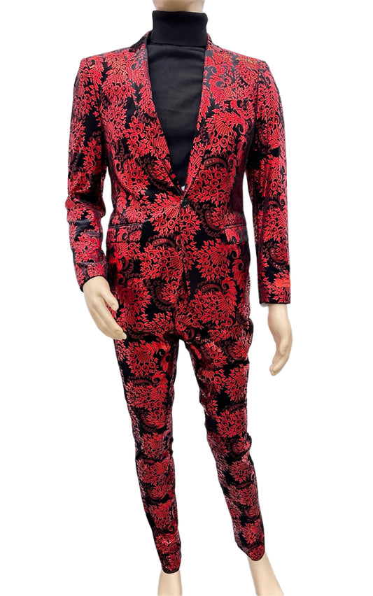 Paisley Suit - Black and Red Prom Suit Paisley Pattern - Slim Fit Stage Suit