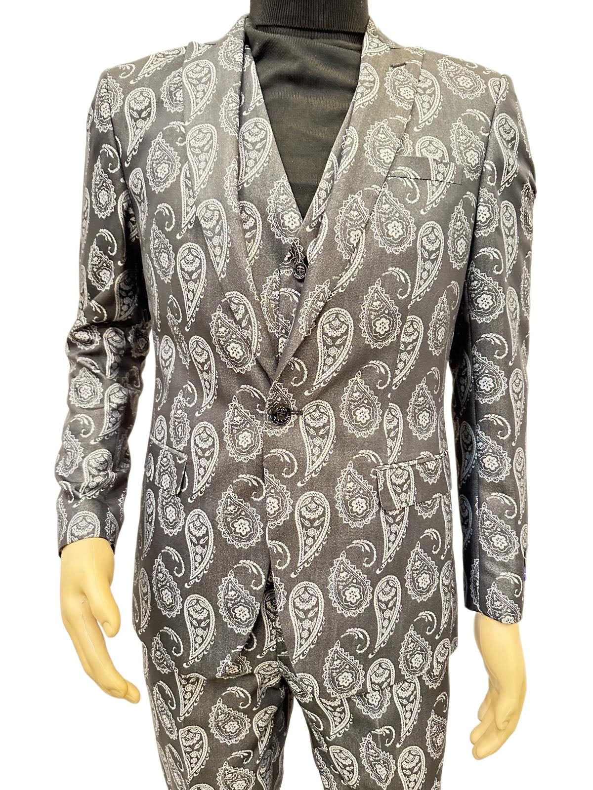 Paisley Suit - Gray - Silver - Charcoal Prom 2025 Suit - Slim Fit Stage Suit - Coat Size 38