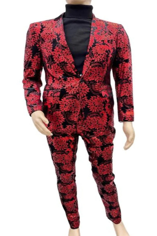 Paisley Suit - Black and Red Prom 2025 Suit Paisley Pattern - Slim Fit Stage Suit