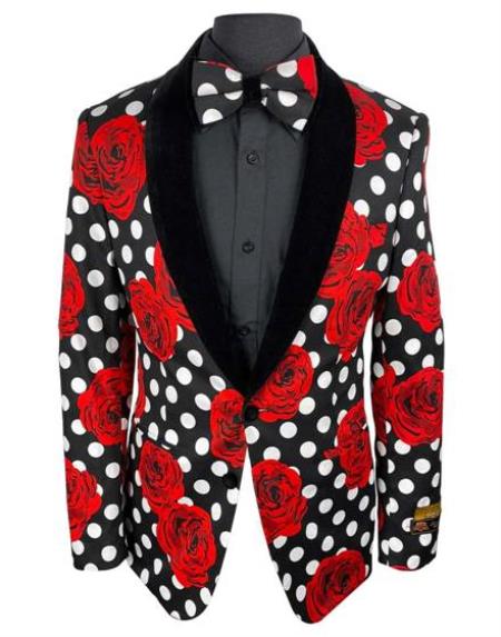 Red Tuxedo Black and White and Red Polk Dot Floral Flower Paisley Suits