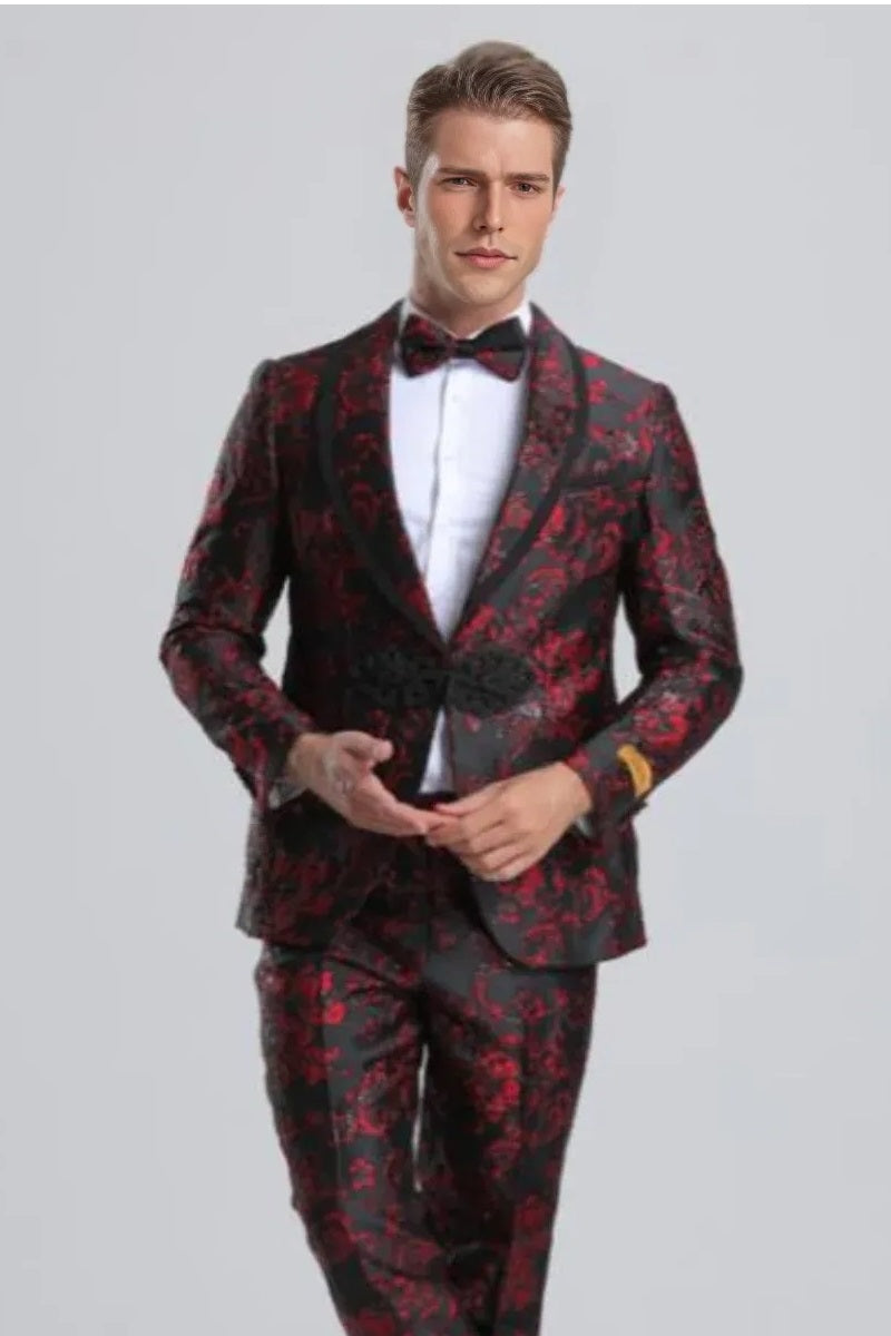 Paisley Suits - Wedding Tuxedo - Groom Red ~ Black Suit + Matching Bowtie - 34 Short or Extra Small