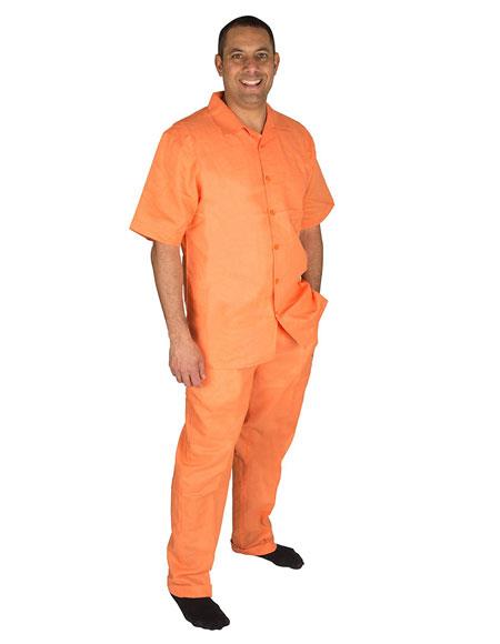 Men's Papaya ~ Orange ~ Peach Button Closure Short Sleeve 100% Linen 2 Piece Pleated Pant Shirt Walking Leisure Suit - S or Small