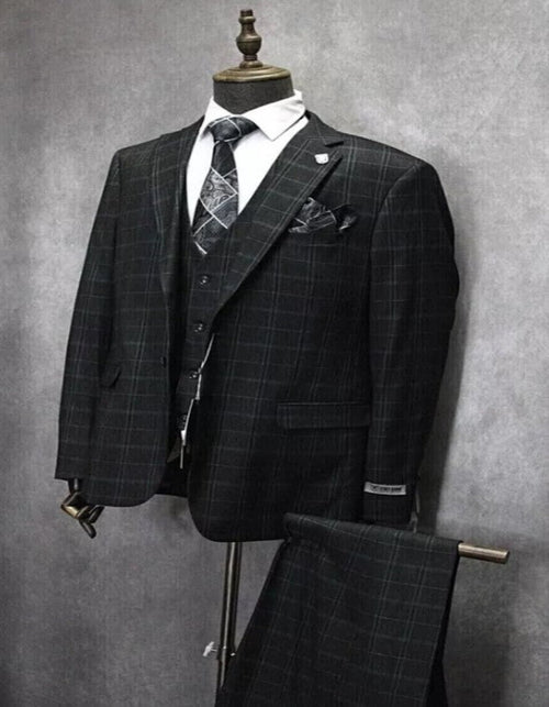 Mens Three Button Notch Lapel Plaid Pattern Suit Charcoal