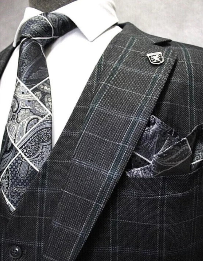 Mens Three Button Notch Lapel Plaid Pattern Suit Charcoal