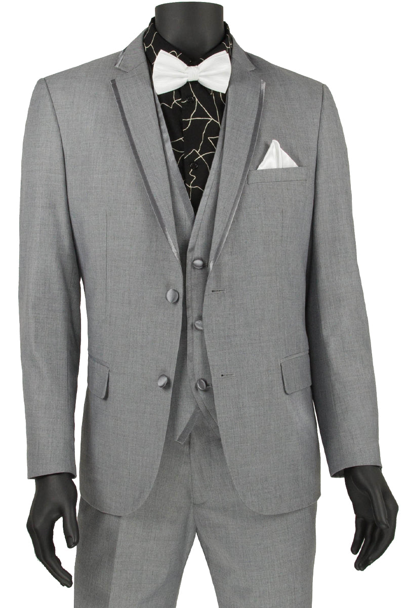 Mens Slim Vested Tuxedo Suit with Satin Trim in Light Grey - 36 Short