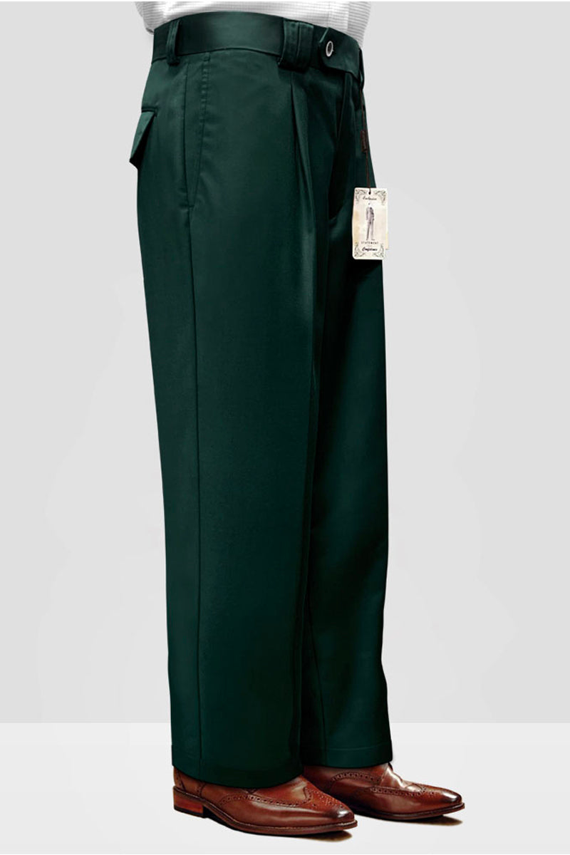 Mens Italian Wool Wide Leg Dress Pants in Hunter Green - 30W