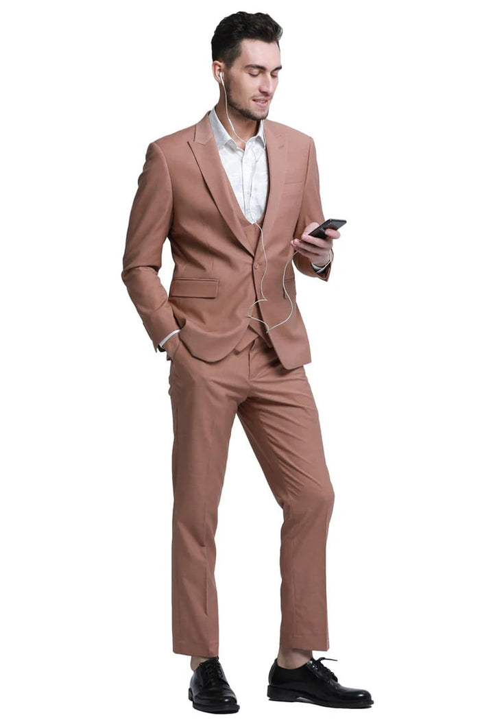 Cheap priced Suit - Men's Slim Fit One Button Peak Lapel Low Cut Double Breasted Vest Wedding Peach Suit