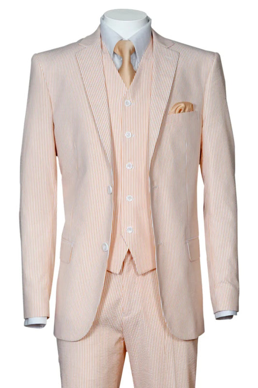 Cheap Suit - Mens 2 Button Vested Summer Seersucker Peach Suit Peach Prom 2025 Suits