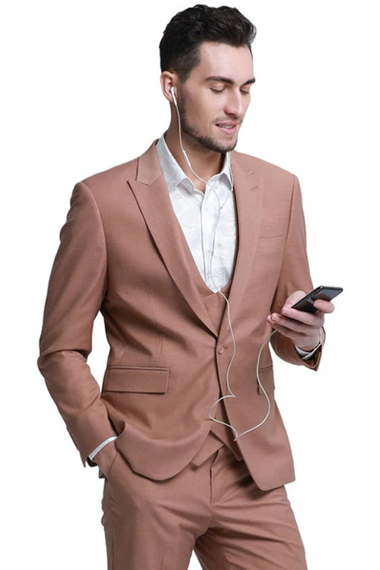 Cheap Suit - Men's Slim Fit One Button Peak Lapel Low Cut Double Breasted Vest Wedding Peach Suit Peach Prom 2025 Suits