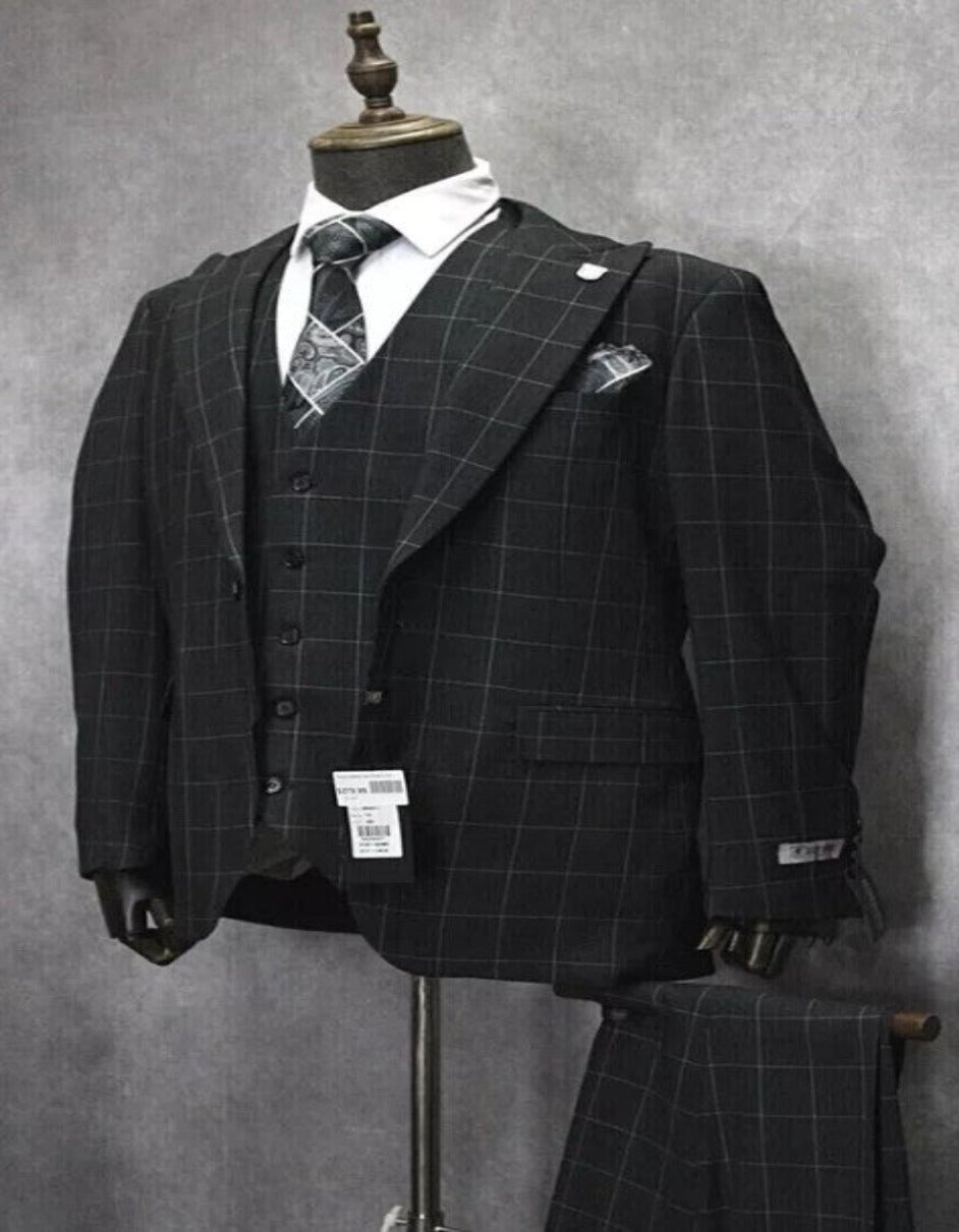 Mens Two Button Peak Lapel Plaid Pattern Suit Charcoal ~ White - Coat Size 38
