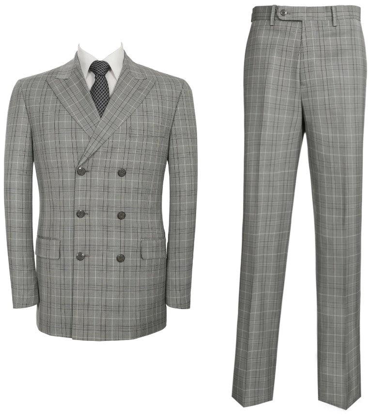 Mens 2-Piece Classic Fit Dual Side Vent Double Breasted Peak Lapel Plaid Suit - Coat Size 38