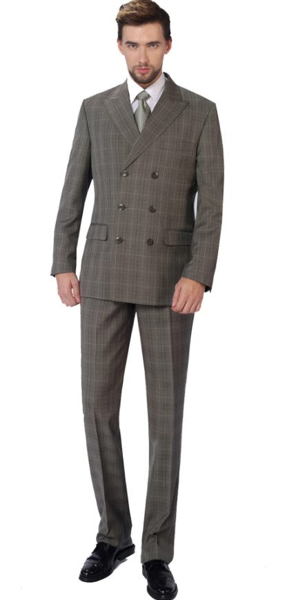Mens 2-Piece Classic Fit Dual Side Vent Double Breasted Peak Lapel Plaid Suit - Coat Size 38