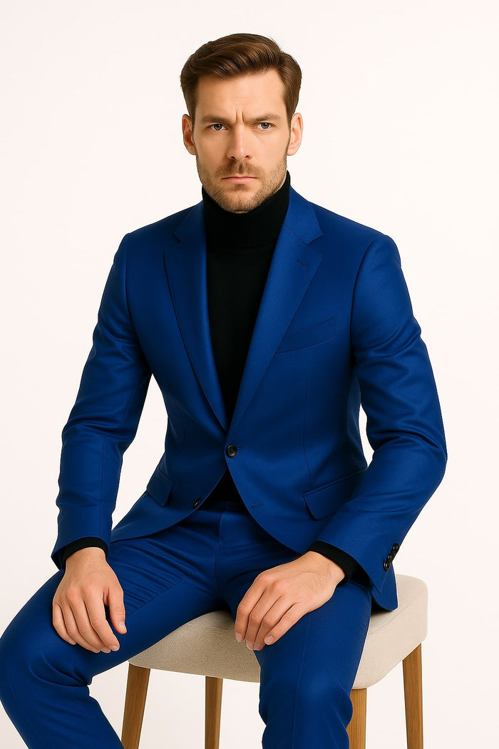 Men's Royal Blue Shiny Satin Suit â€“ 2-Piece Slim Fit Tuxedo with Peak Lapel
