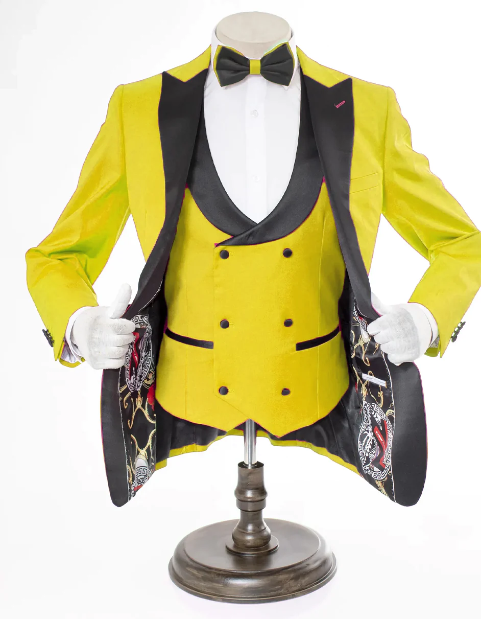 Best Mens 2 Button Peak Lapel Prom Tuxedo with Double Breasted Vest in Yellow- For Men  Fashion Perfect For Wedding or Prom or Business  or Church