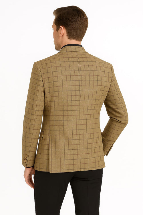 Men's Tan Plaid Blazer â€“ Windowpane Checkered Taupe Colar with Conservative burgunsih Pattern Mix Perfect For Business