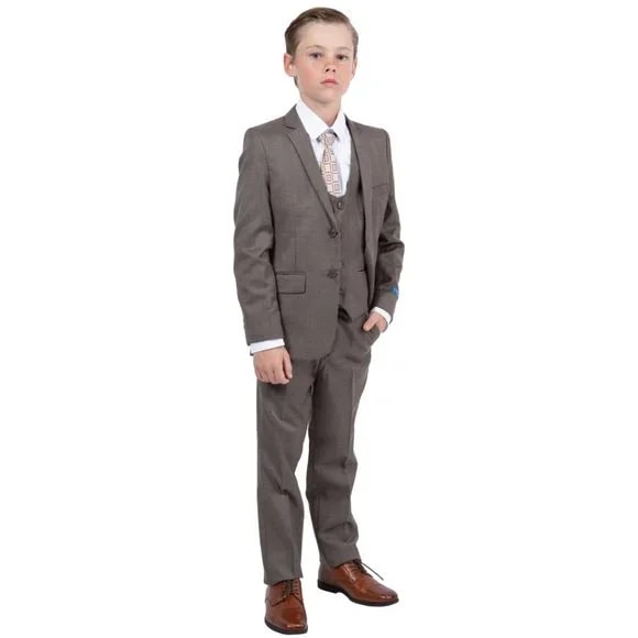 Perry Ellis Boys Sharkskin 5pc Suit, Stoned Cocoa - Boy Size : 4 (Weight 38 to 49)