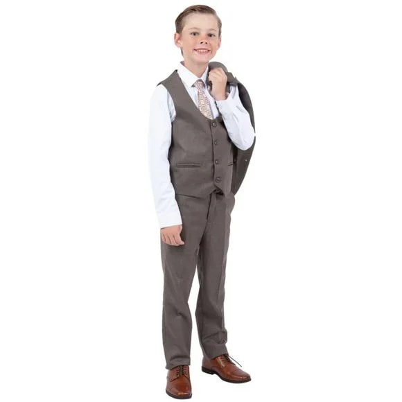 Perry Ellis Boys Sharkskin 5pc Suit, Stoned Cocoa - Boy Size : 4 (Weight 38 to 49)