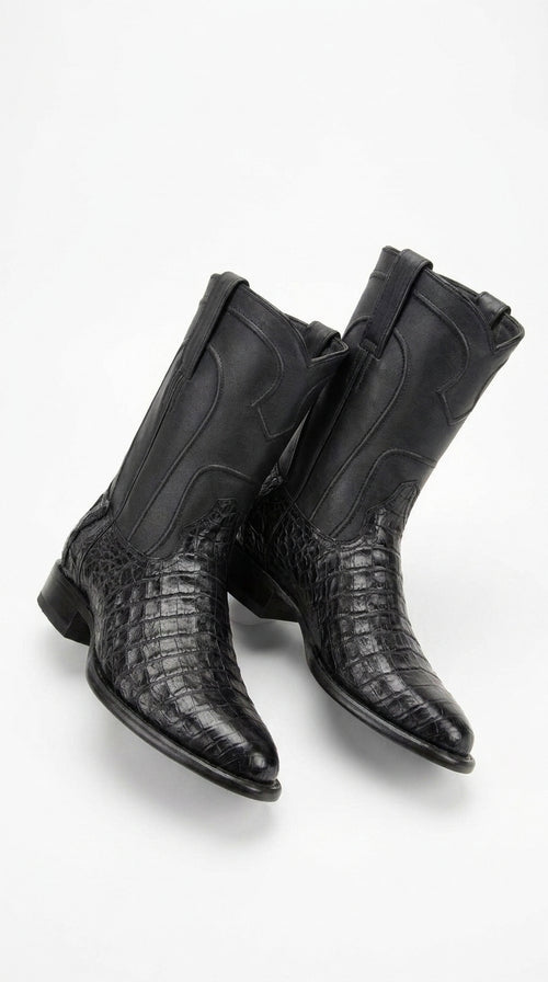 Men’s Black Caiman Belly Roper Boots, Exotic Western Cowboy Dress Boots