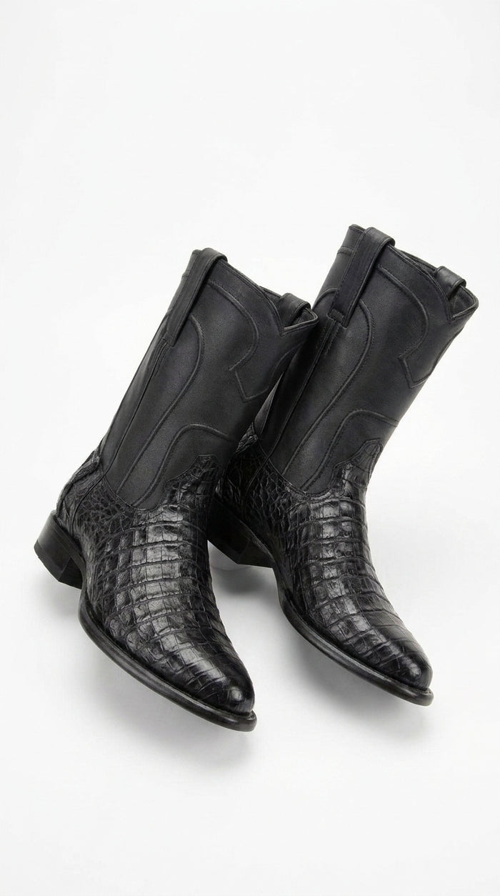 Men’s Black Caiman Belly Roper Boots, Exotic Western Cowboy Dress Boots