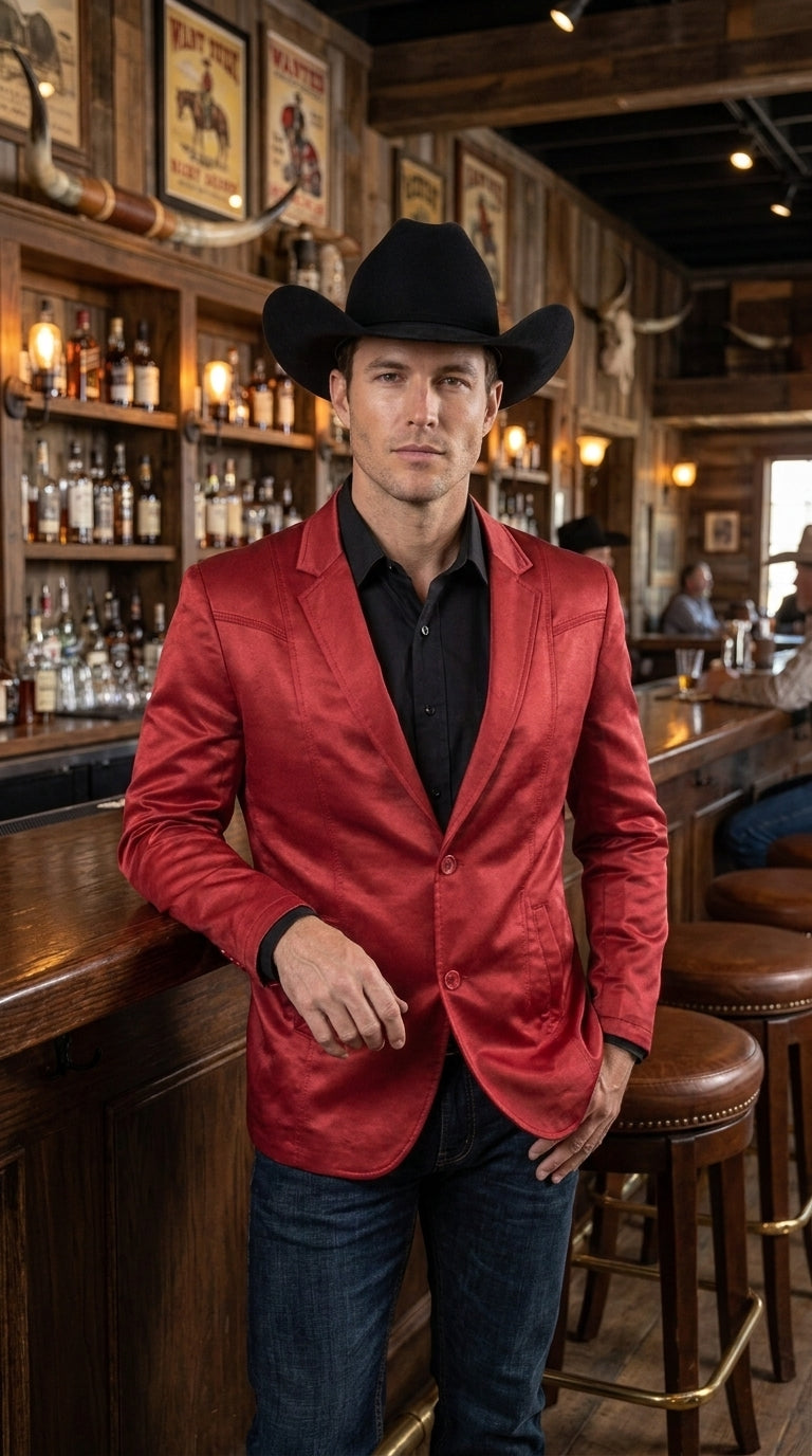 Men’s Western Red Blazer, Slim Fit Shiny Finish Sport Coat for Weddings Prom and Special Events