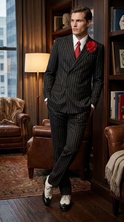 Men’s Gomez Addams Inspired Double Breasted Pinstripe Suit, Addams Family Style Costume Outfit