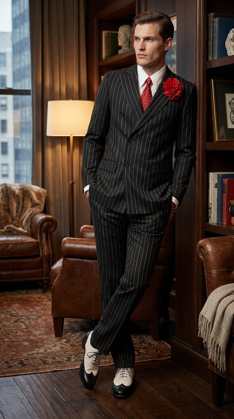 Men’s Gomez Addams Inspired Double Breasted Pinstripe Suit, Addams Family Style Costume Outfit