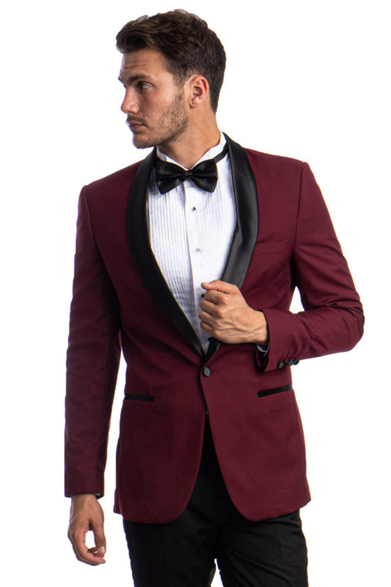 "Burgundy Men's Skinny Fit Shawl Tuxedo - One Button Prom 2026 Suit" - 34 Short