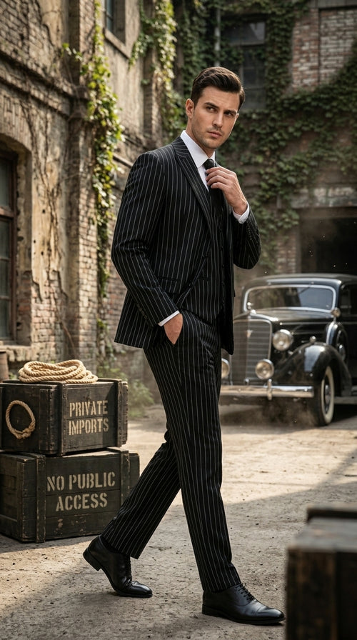 Men’s Black 2 Button Gangster Pinstripe Suit, Striped Pattern Homecoming 3 Piece Dress Suit