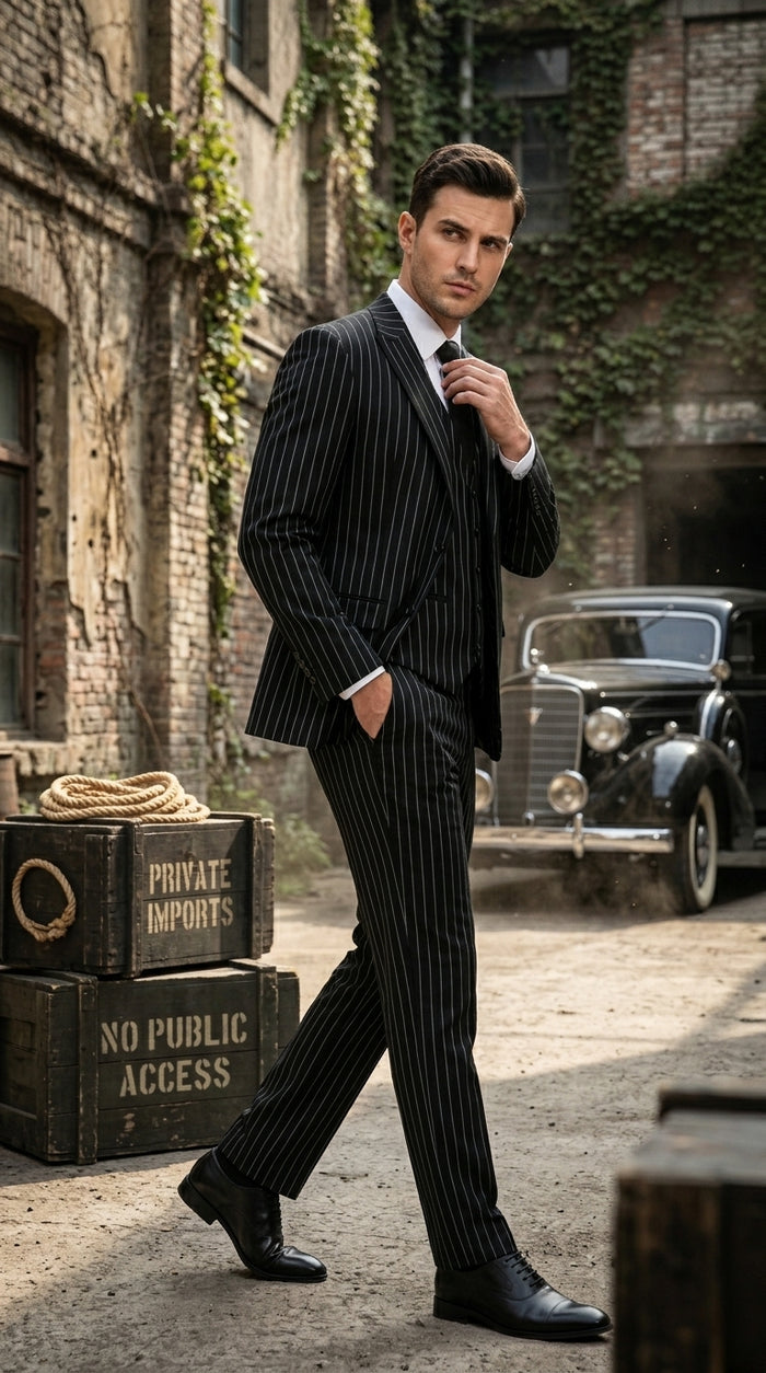Men’s Black 2 Button Gangster Pinstripe Suit, Striped Pattern Homecoming 3 Piece Dress Suit